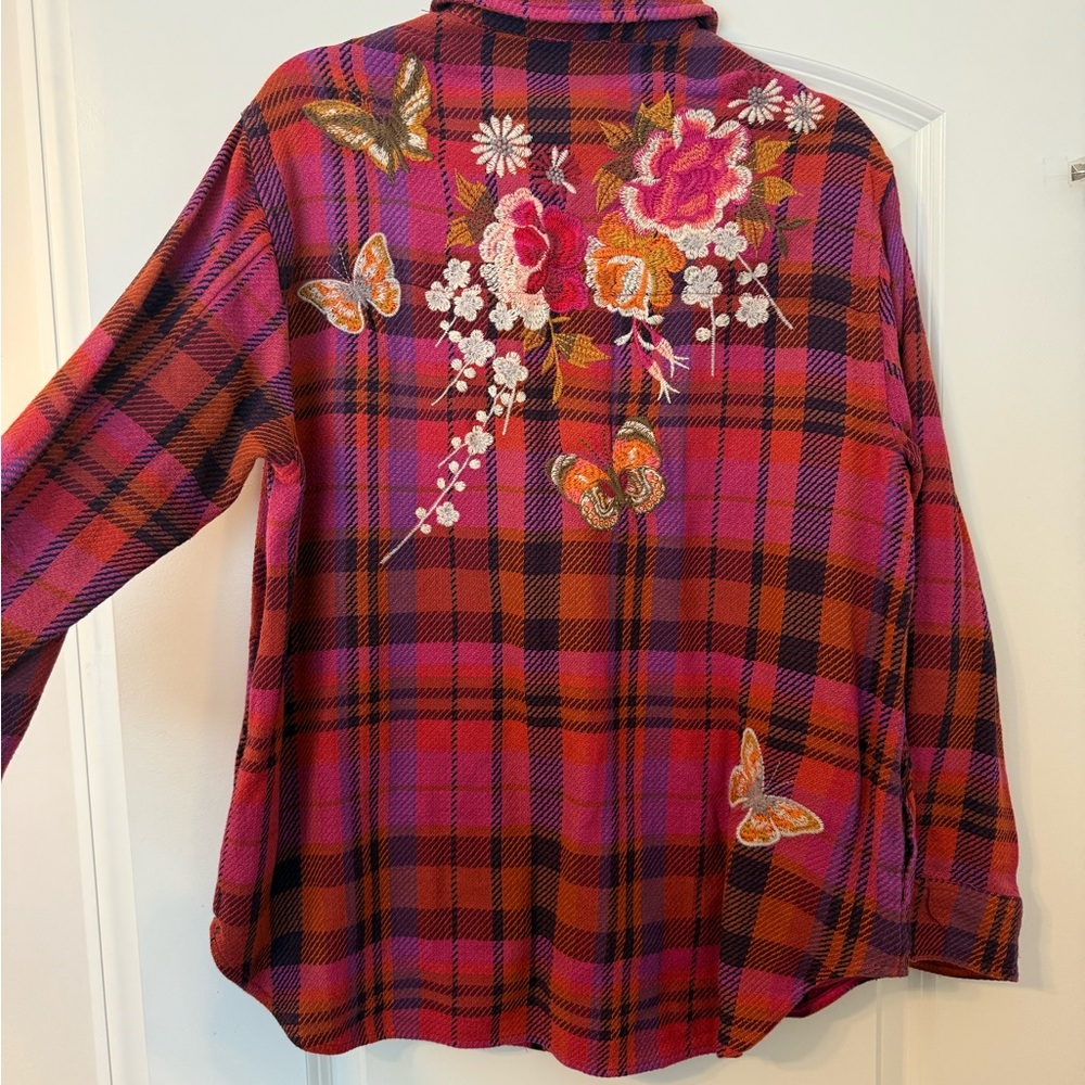 Johnny Was Embroidered Plaid Shirt
